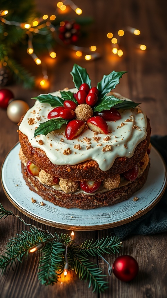 A traditional Christmas fruit cake with icing and decorations, surrounded by festive elements.